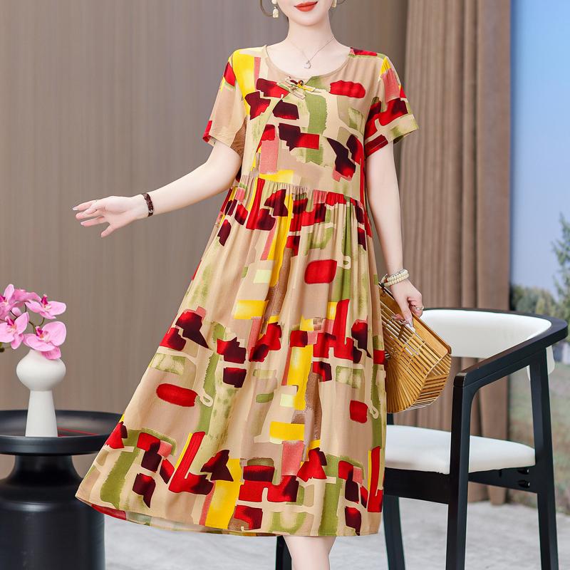 Elegant Dresses for Women Plus Size Loose Casual Vintage Print Long Dress With Sleeves Summer Middle-aged Women's Clothing