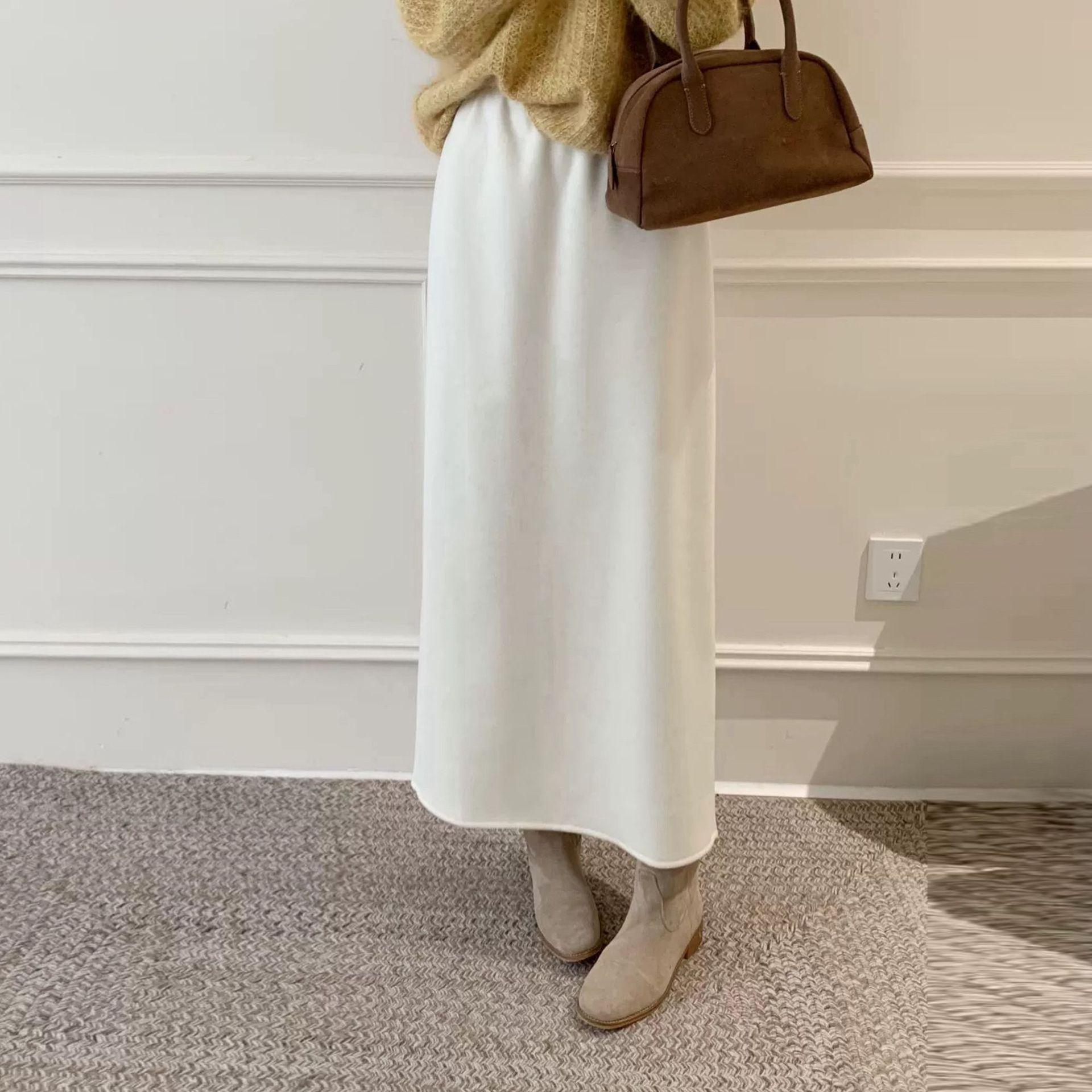 Mid-Length A-Line Woolen Skirt with Elastic Waist, Plus Velvet, High Waist, Autumn/Winter Collection L грязно-белый