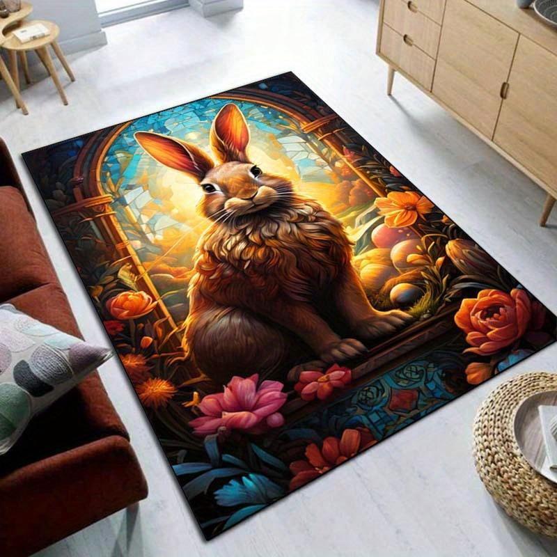 Enchanted Rabbit Floral Rug for Fantasy FansMagical Forest DecorCozy Living RoomArea Rugs Anti slip carpet can be machine washed
