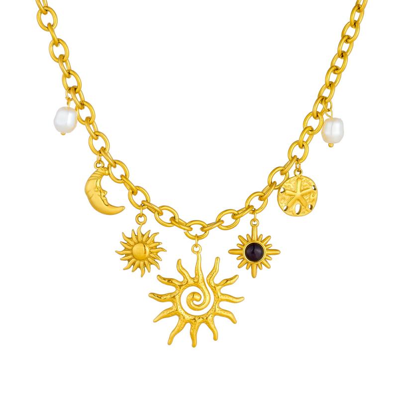 Trendy Starfish Moon Sun Shaped Pendant Charm Necklace Statement Stainless Steel Golden Chain Fashion Jewelry Pvd Plated
