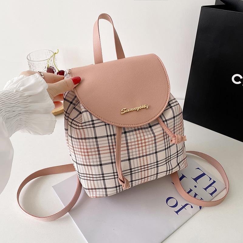 

Guangzhou women s bag summer printing plaid color scheme drawstring bucket backpack simple mobile phone bag