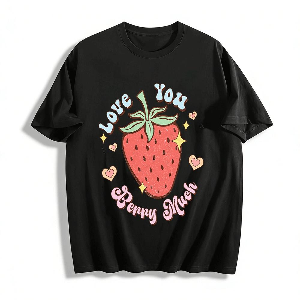 Love You Berry Much Strawberry Print Casual Short Sleeve T-Shirt Pure cotton T-shirt XXS