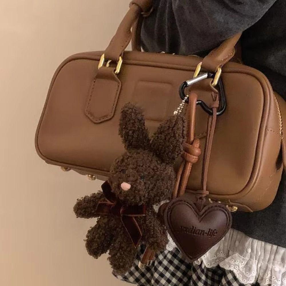 Cartoon Bunny Bow Key Chain Soft Plush Rabbit Doll Pendant Leather Heart Keyring Hanging Ornaments