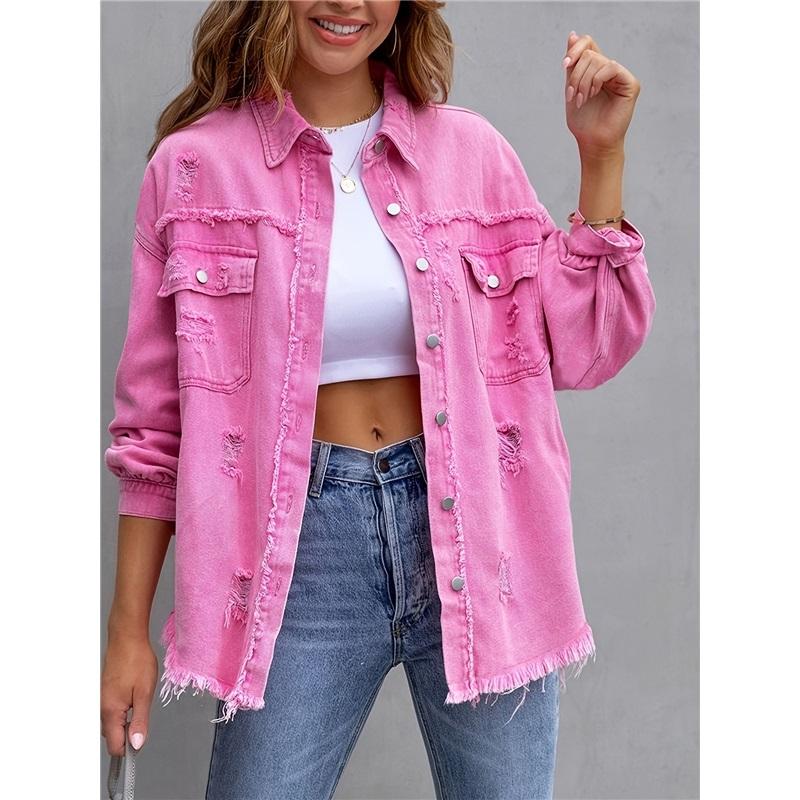 

Новая джинсовая куртка женская однотонная свободная куртка рваная с длинным рукавом женская джинсовая рубашка L cerise розовый