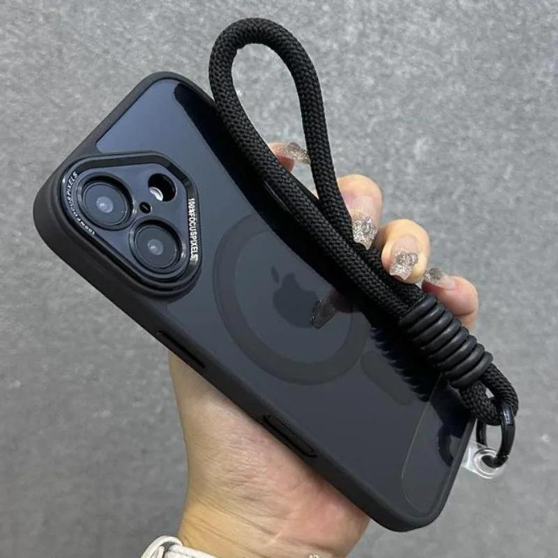 Luxury Wristband Magsafe Transparent Phone Case for iPhone 11 15 14 13 12 16 17 Pro Max Lanyard phone Magnetic anti drop