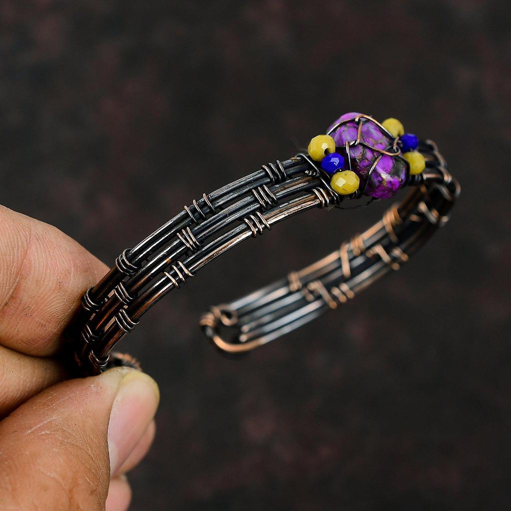 Copper Purple Turquoise Bangle Yellow Coral & Lapis Lazuli Beads Cuff Copper Wire Wrapped Jewelry Adjustable Bracelet Gemstone Handmade Cuff