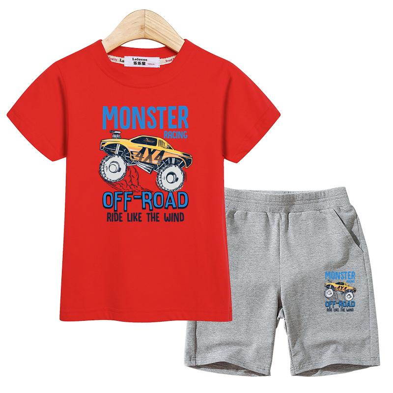 Set Abbigliamento Estivo per Bambini Camicia Monster Truck Pantaloncini Sportivi Costumi a Manica Corta per Bambini Outfit 2 Pezzi
