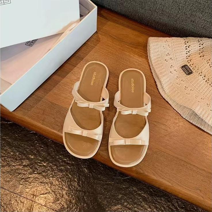 Fashion Summer Women Elegant Bow Square Toe Open Toe Low Heel Sandals Slip on Soft-soled Casual Simple Beach Slippers Sandalias Mujer