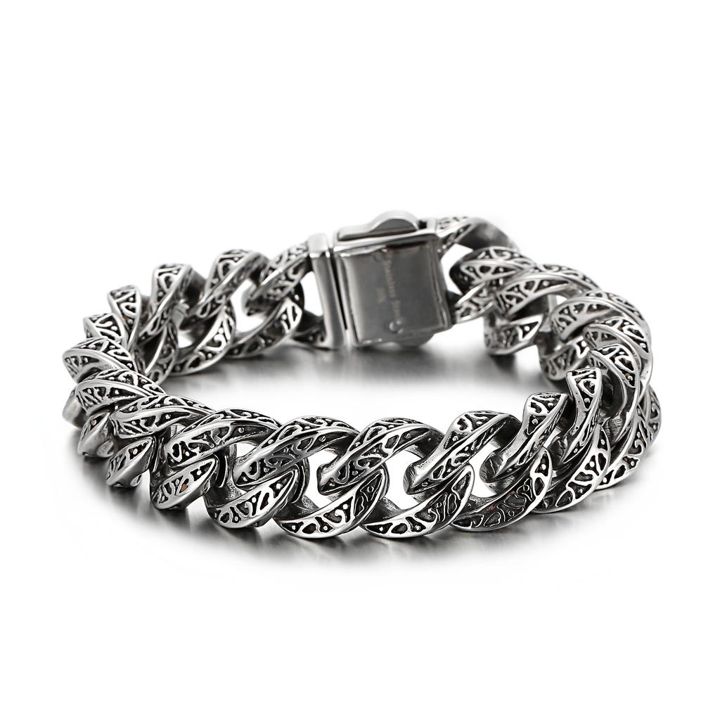 Vintage Sculpture Cuban Cuff Bracelet Stainless Steel Custom Charms Curb Link Chain Men Bracelets