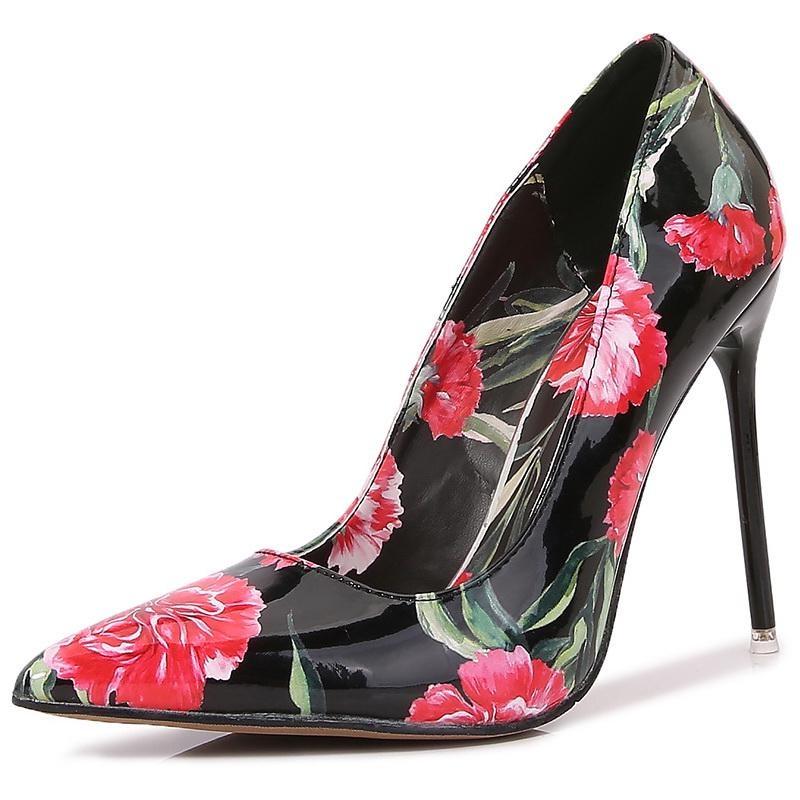 Women Rose Flower High Heel Shoes OL Pointed Toe Color Printing Single Shoes Office Nightclub Party Wedding Gathering Lady Pumps