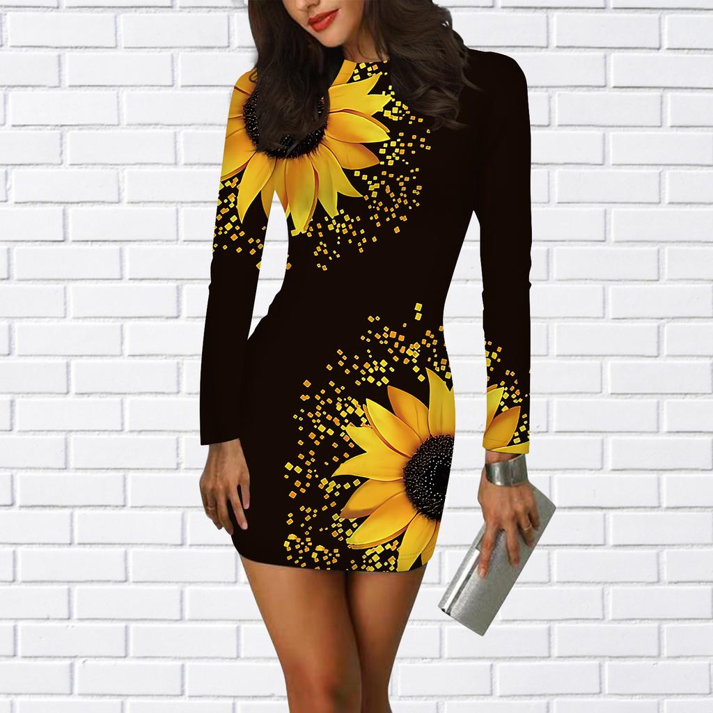 Φόρεμα Bodycon Μακρυμάνικο με 3D Λαμπερό Μοτίβο Ηλιοτρόπιο Γυναικεία Μίνι Φορέματα Φθινόπωρο Στενό Ελαστικό Πάρτι Vestidos