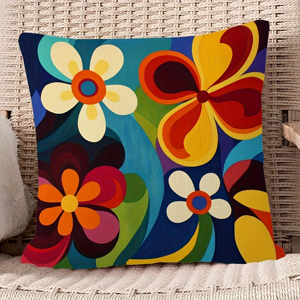 1pc Vintage 70S Style Floral Jacquard Pillow Cover, Double-Sided Printing, Measuring 18X18 Inches, Featuring Vibrant Floral Designs And Bold Colors, I