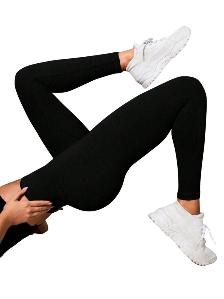 Women's European Style Seamless Ribbed High Waist Yoga Leggings - Peach Butt & Tummy Control Fitness Pants.