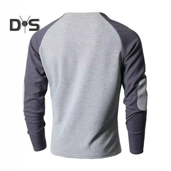 Frühlings- und Herbstoberteil für Herren, normale Passform, Farbblock-Langarm-T-Shirt, geknöpfter Rundhalsausschnitt, Patch-Dekor, lässiges Sport-Party-T-Shirt