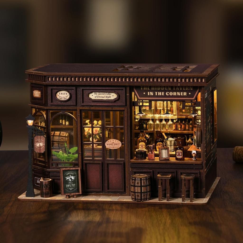 QmXCyzl DIY Dollhouse Miniature Kit for Beginners, Furniture, Room Decoration, 3D Hobby, Architectural Model, Dust Cover Not Included (Corner Tavern)