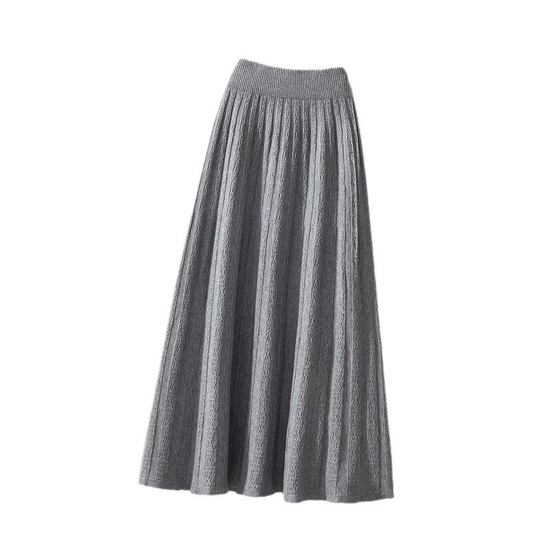 Knitted Skirt for Women Autumn and Winter High Waist Mid Length A-line Pleated Skirt