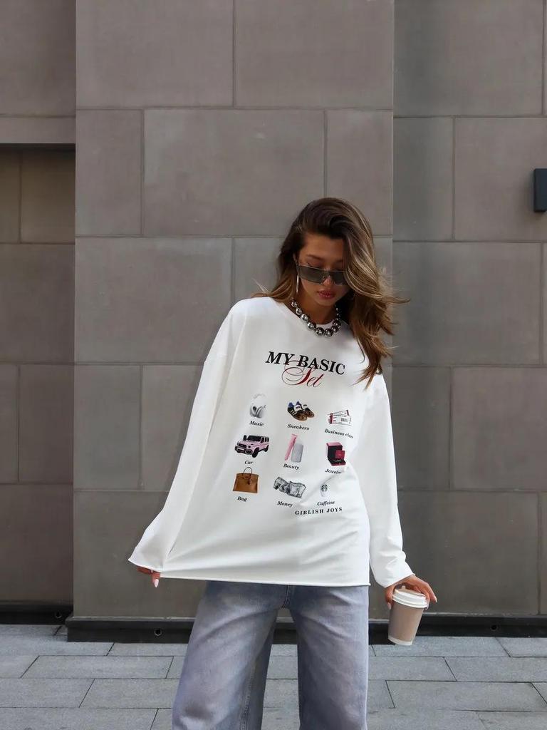 Autumn Cotton Long-Sleeve Tee: European & American Style, Fun Print, Age-Reducing, Trendy & All-Match
