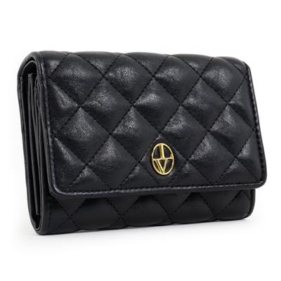 Luciano Valentino Bifold Large Quilted Elegant Look Women's Wallet, Capacity, Flap, L-Shaped Zipper, Stitching, Brooch, (Black)