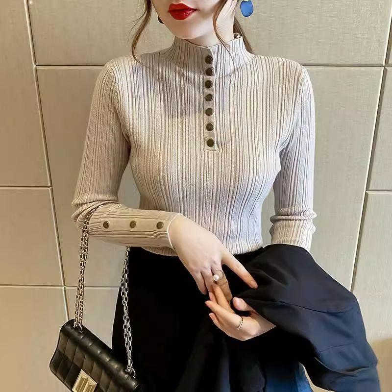 

Модный женский свитер с полувысоким воротом на осень и зиму, новая приталенная базовая рубашка, внутренний облегающий верх, длинные рукава, внешний трикотажный свитер one size хаки