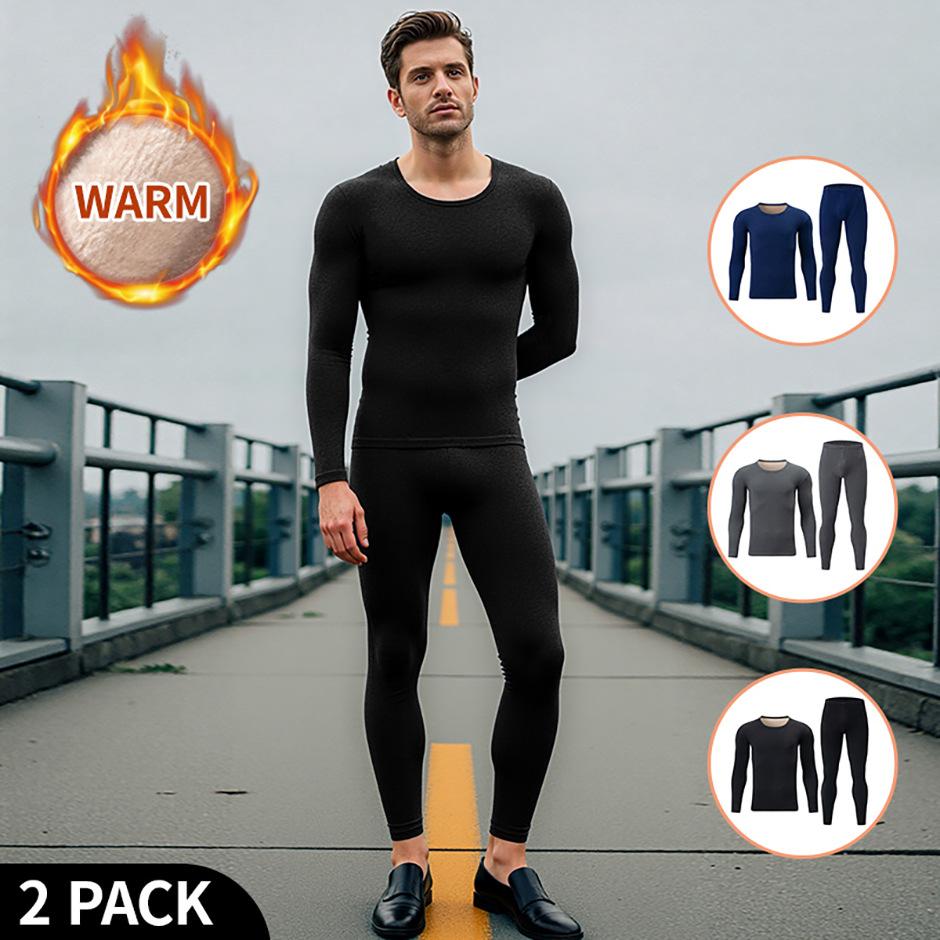 Men's Thermal Underwear Set Fleece Lined Long Johns Crew Neck Base Layer Warm Winter Pajamas Top and Bottom