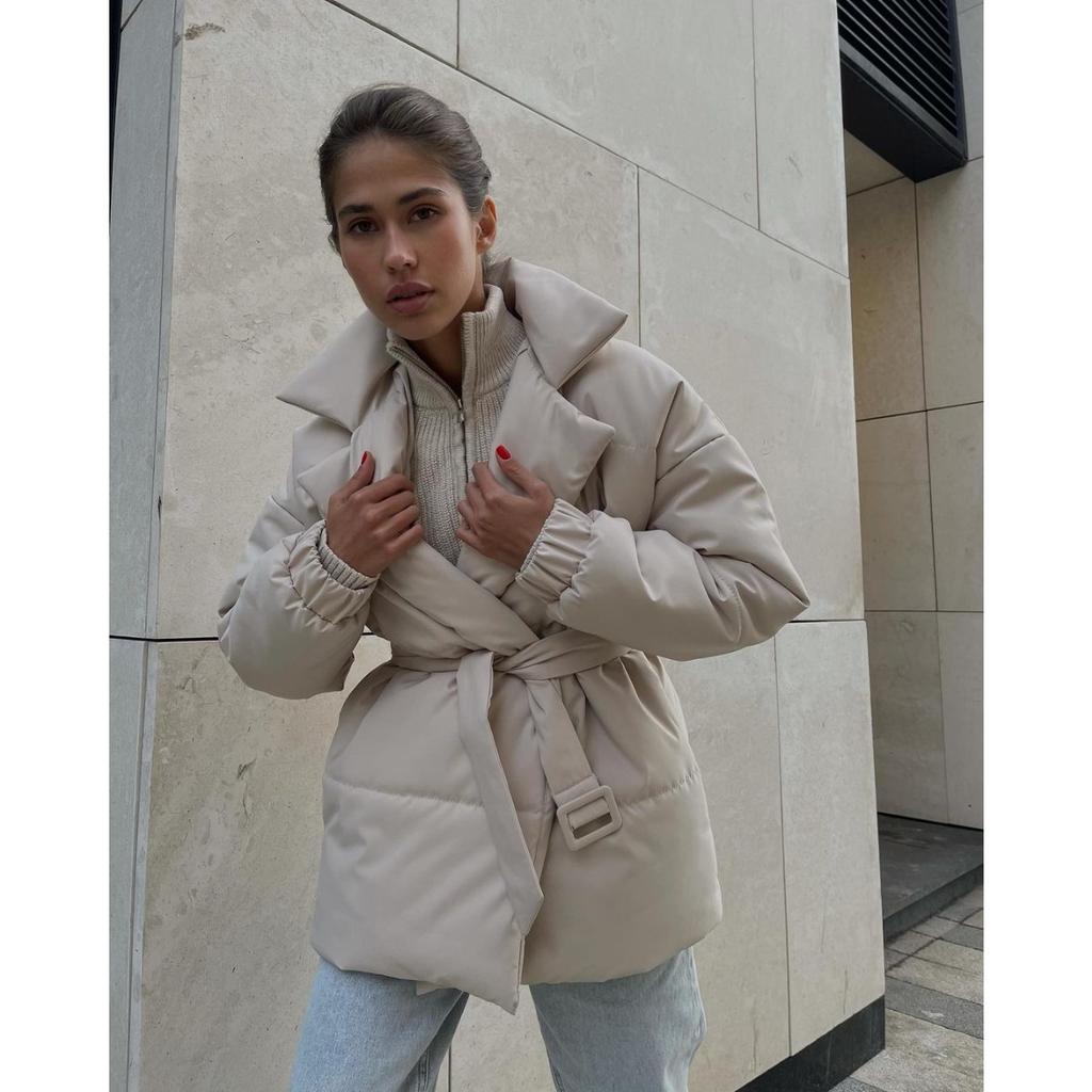 Winter New Thickened Lapel Waist-Tight Cotton Coat Women Slim Fit Solid Color Warm Padded Jacket Outerwear