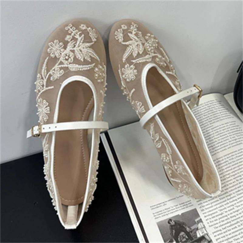 Sandali da Donna a Tacco Basso con Tessuto a Rete, Punta Tonda e Cinturino con Fibbia, Sandali da Donna Designer Ricamati Mule Scarpe Zapatos De Mujer