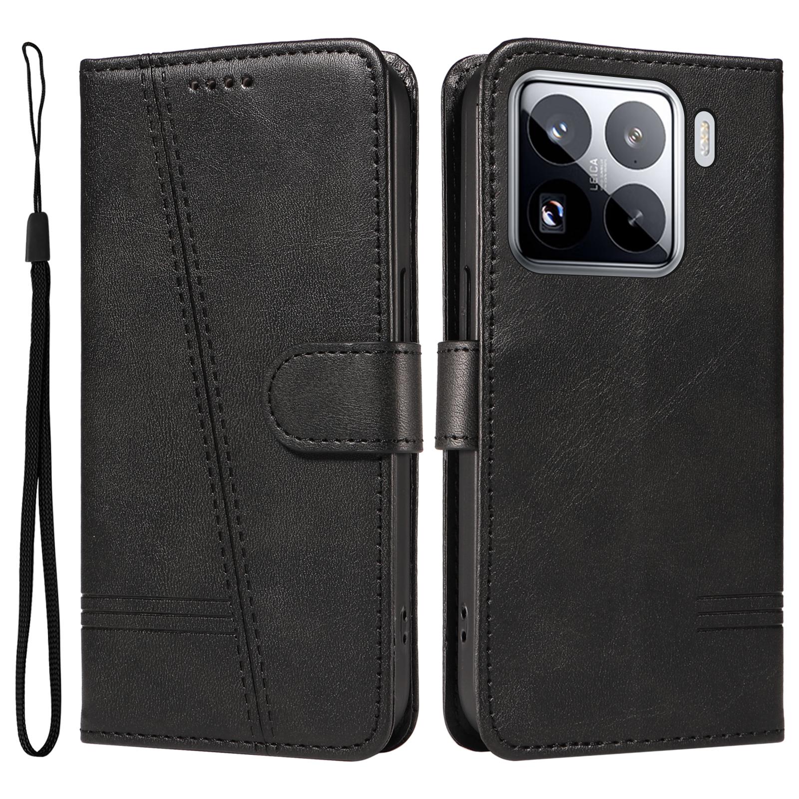 

For Xiaomi 15 Pro Case Flip Wallet T-Shape Lines Leather Phone Cover Black