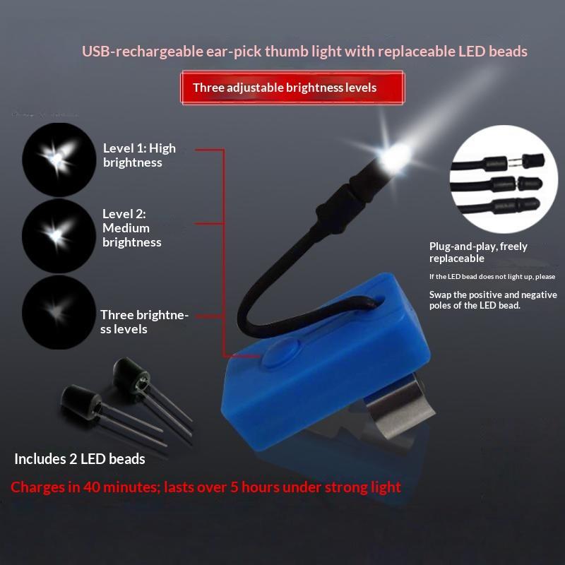 Usb Rechargeable Finger Thumb Light 3 Levels Dimmable Led Lamp Hands Free Flashlight For Ear Pick Beauty Inspection Work Repair