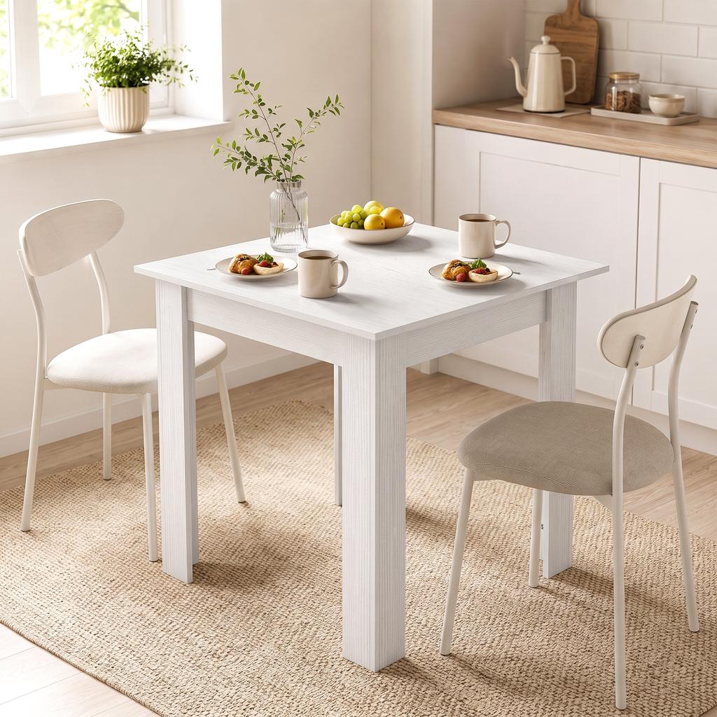 Square Dining Table, Modern Small Dining Table with Wood Effect, Space Saving, Non-slip Foot Pads, White