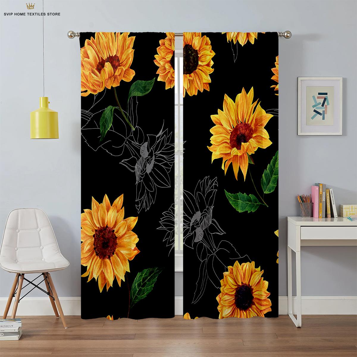 

Штора из полиэфирного волокна с карманом, цветок подсолнуха, 3D-печатная штора, спальня, гостиная, кухня, наружная декоративная W50X130H(CM)X2PCS&Rod pocket