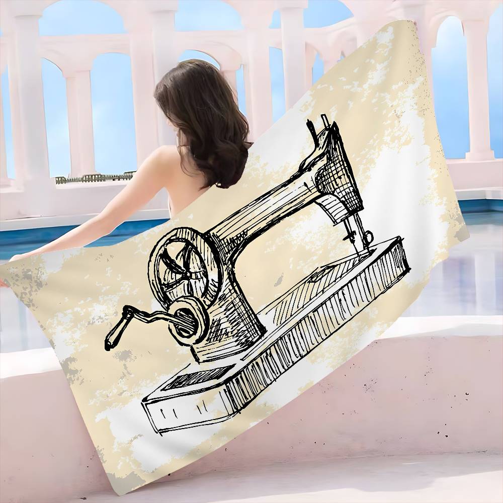 Vintage Sewing Machine Beach Towel Colorful Bath Towels for Girl Microfiber Quick Dry Sand Free Beach Yoga Spa Gym Pool