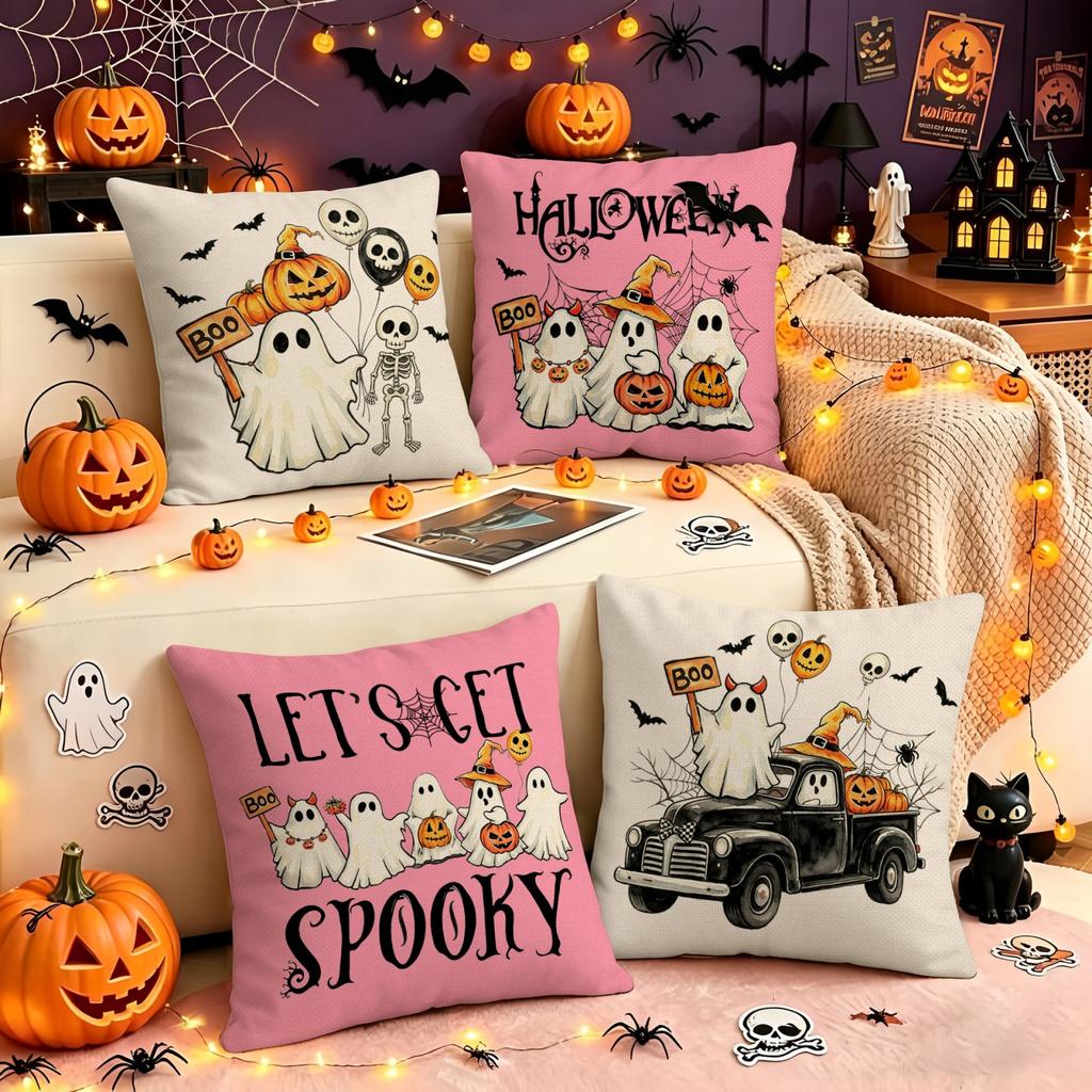 Halloween Decorative Pillow Cover Linen Material Indoor Sofa Cushion Case with Ghost Pumpkin Skeleton Balloons Design for Seasonal Home Decor