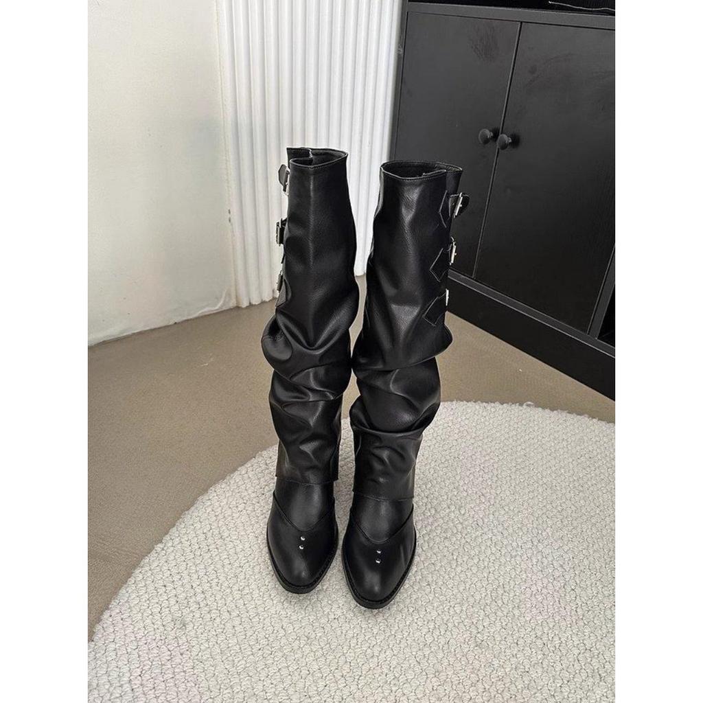 Spice Girl Pants Boots Colored Retro Pile Boots Rivet Pointed Tall Locomotive Boots Medium Heel Boots