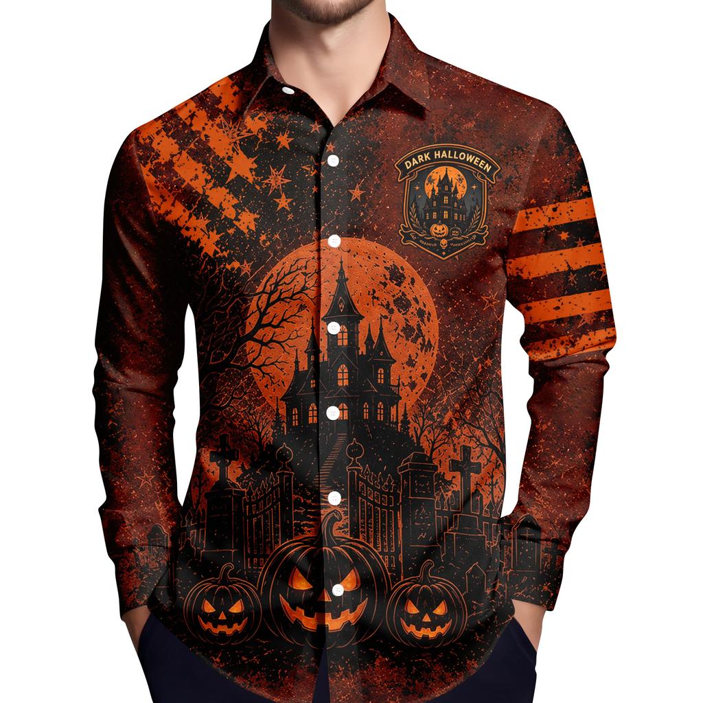 Men's Halloween Printed Long Sleeve Button Down Shirt for Party Costume