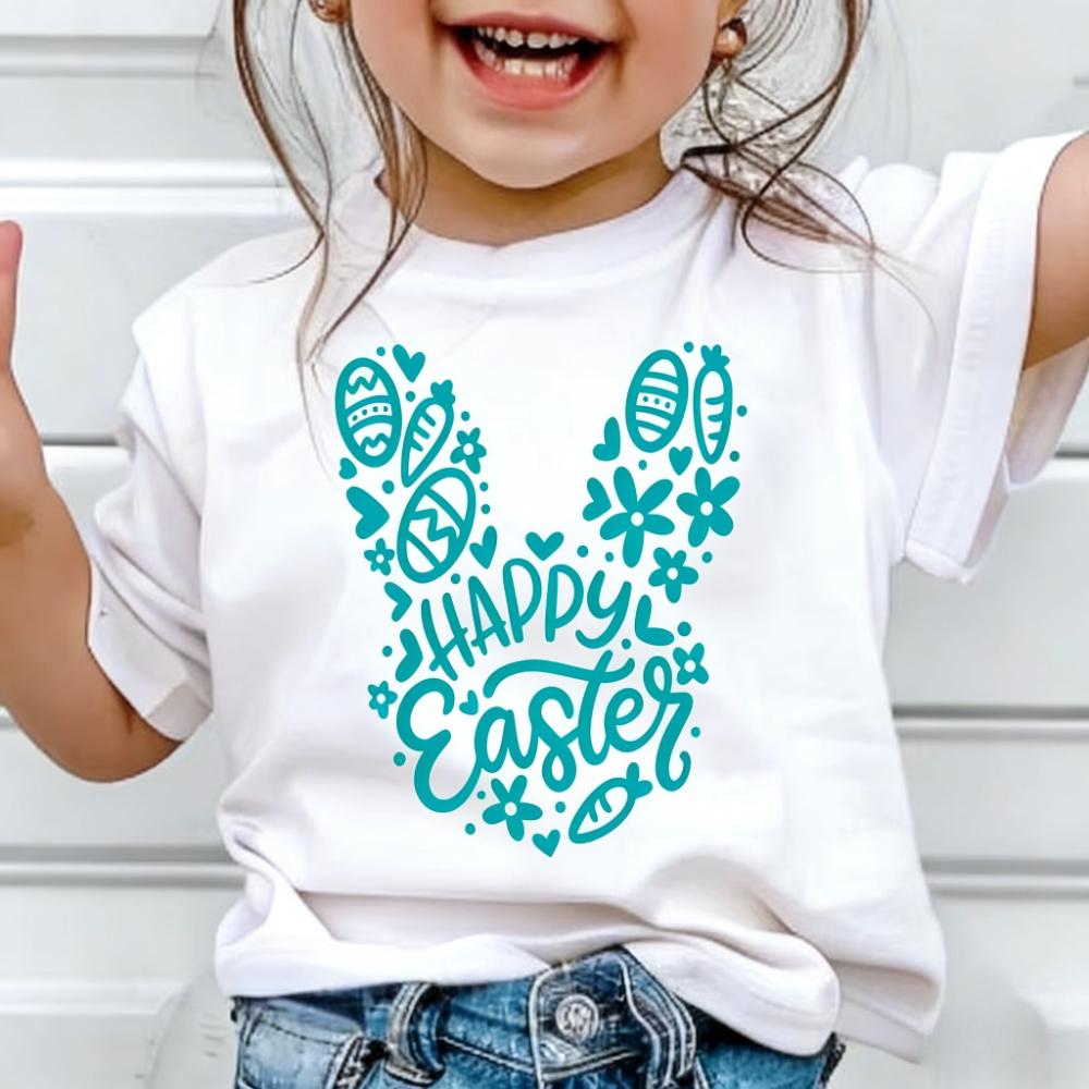 

Funny Letter Flowers Bunny Print Kids Short Sleeves T-Shirt Loose Casual Summer Outdoor Street Boy and Girl Tees Tops 100