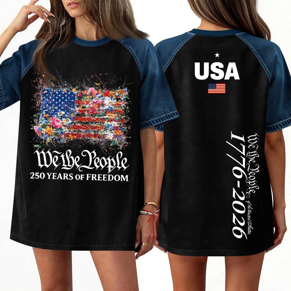 Women's Denim Patchwork Top,  Casual Short-sleeved Comfortable T-shirt,  Fashionable For Spring And Summer.