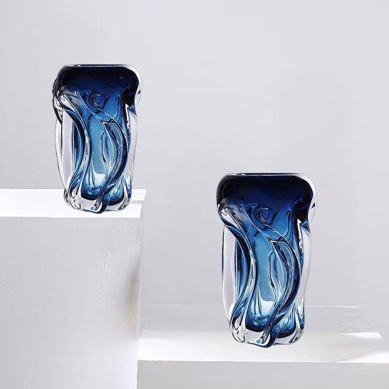 Blue Wavy Vase Thick Transparent Glass Hydroponics Terrarium Wave-twisted Pattern Flower Arrangement Flowerpot Home Decoration