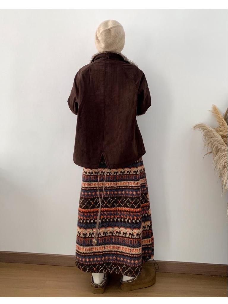 Retro Fair Isle Fleece Women's Mid-Length Lantern Skirt - Ethnic Style, Drawstring Hem, Two-Way Wear for Autumn/Winter