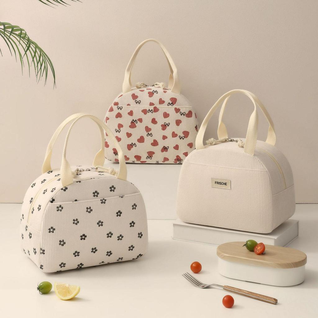 Large Capacity Corduroy Bento Bag for Work and School - Insulated and Portable with Strap