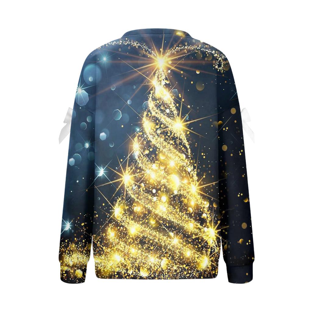 Ladies' Christmas Printed Bow Round Neck Long Sleeved Loose Pullover Sweater Sweatshirt Top