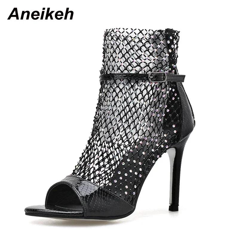 Aneikeh Moda Primavera Sandalias Botines de Tobillo de Malla con Pedrería de Purpurina Dorada Tacones Altos Sexy Botines Zapatos de Fiesta de Dama con Puntera Descubierta