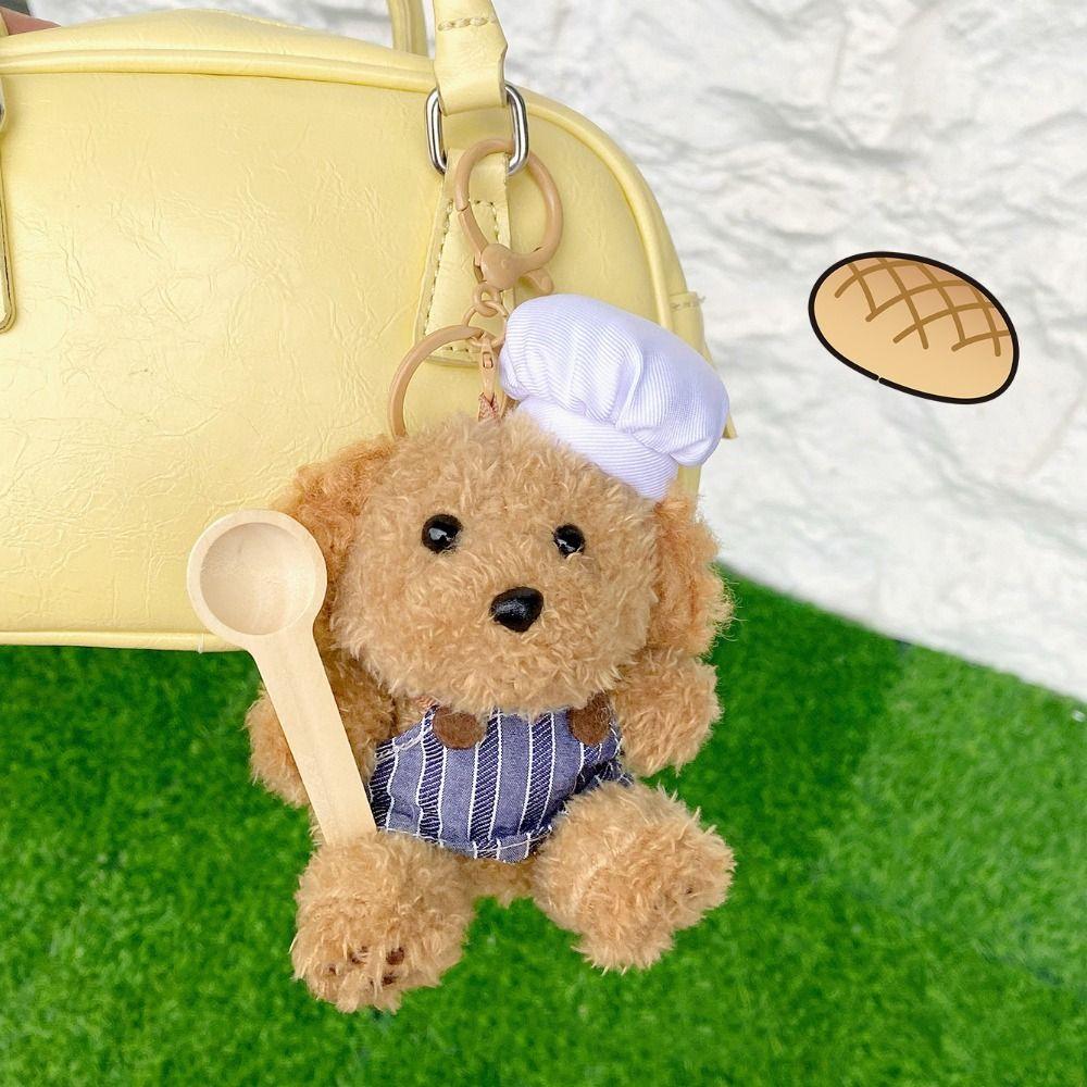 Fluffy Chef Style Dog Plush Keyrings Soft Stuffed Animals Backpack Keyrings Hanging Accessory