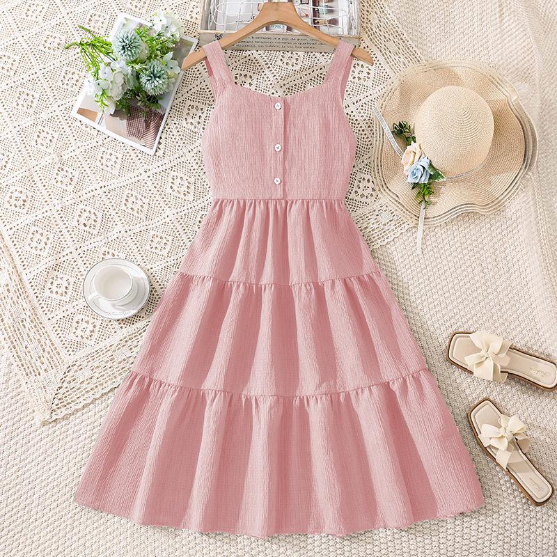 Girls Summer Dress New Korean-Style Outfit For Older Children Elegant Waist-Cinching Dress 8Y розовый