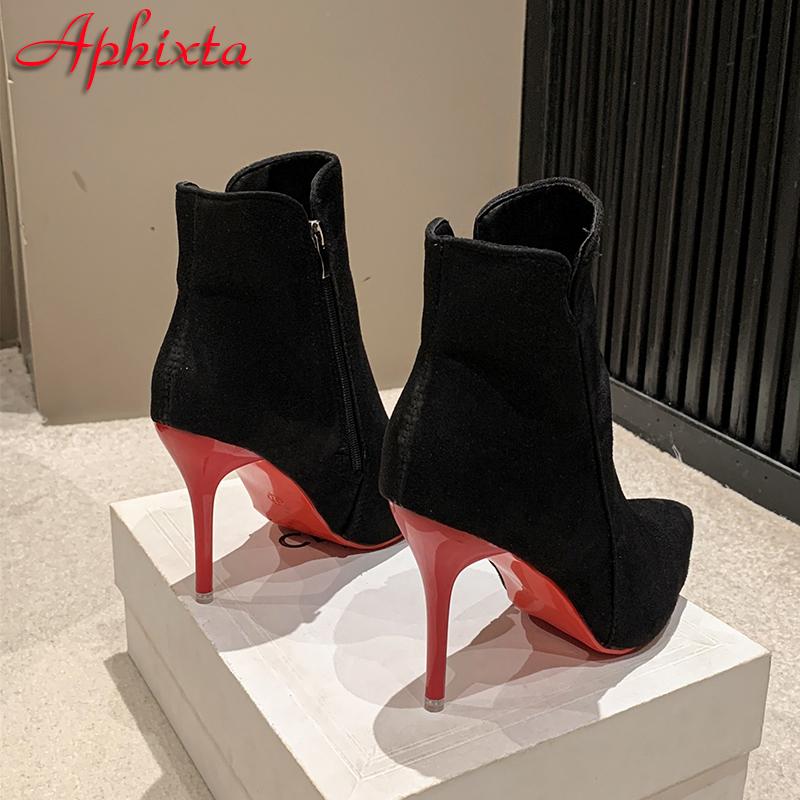 Aphixta 10cm Stilettos Winter Red Heels Zip Warm Black Ankle Boots Women Flock Footwear Shoes Women Super Big Size 47 48 49 50
