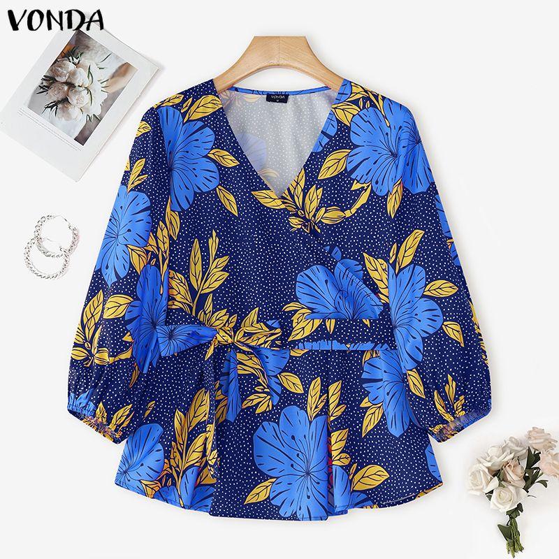 

VONDA L-5XL Женская блузка с V-образным вырезом, рукавами 3/4, повседневная, свободного кроя, оверсайз, с цветочным принтом 5XL синий