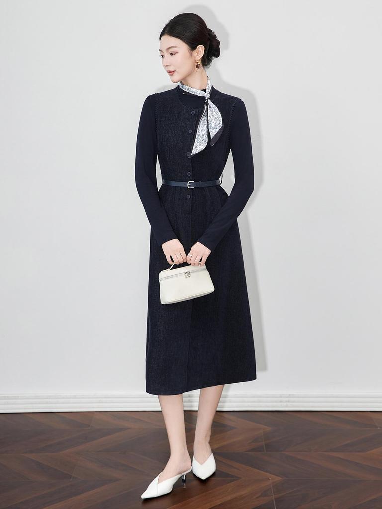 French Solid Color Inner Layer Base Shirt & Chenille Vest Dress Two-Piece Set