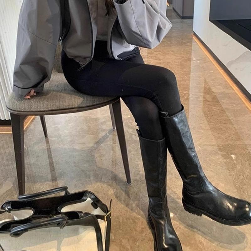 Cowhide Version~ Retro Pleated Thick-soled Long Knight Boots Women's Thin Leather High Boots