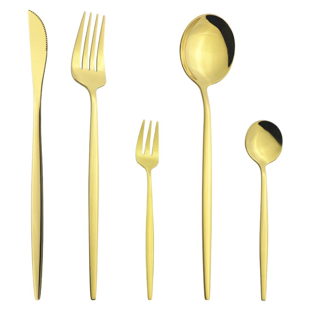 5Pcs White Gold Dinnerware Cutlery Set Knife Dessert Fork Coffee Spoon Tableware Stainless Steel Dinner Flatware Silverware Set