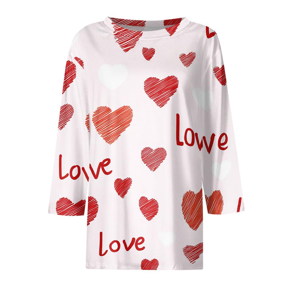Women's Fashionable Casual Three-quarter Sleeve Valentine's Day Printed Round Neck Top