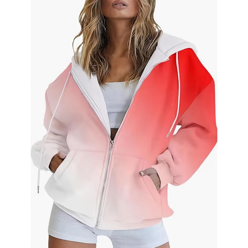 Woman Sweatshirts Simple Gradient Print Long Sleeves Zip Hoodie Autumn Casual Drawstring Design Fashion Women's Hoodie